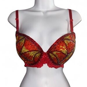Red Swirls Luxe Crystal Fire Lacey Bra New Size 34DD
